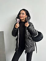 Женская куртка стежка с поясом стеганная зимняя стеганая куртка на подкладе с капюшоном силикон 250 OS 46, Черный
