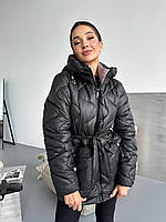 Женская куртка стежка с поясом стеганная зимняя стеганая куртка на подкладе с капюшоном силикон 250 OS 48, Черный
