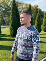 Теплый свитер классический размер L Голубой с рождественскими узорами