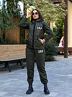 Красивый женский спортивный костюм тройка (кофта + штаны + жилетка) цвета хаки батал с 48 по 56 размер