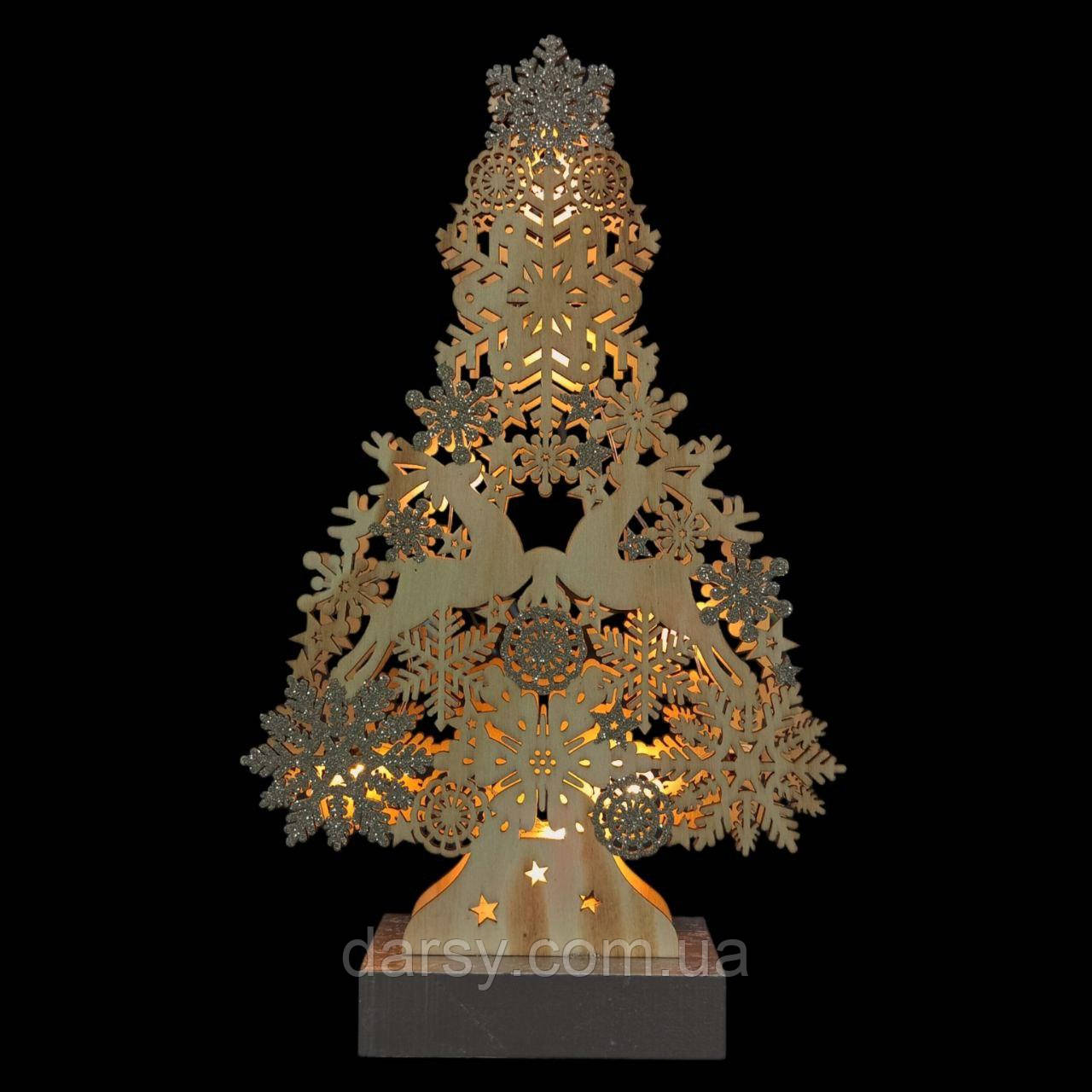 Дерев'яна ялинка світильник лед фанера ажурна з підсвіткою на батарейках, фото 1