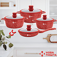 Набор кастрюль с гранитным антипригарным покрытием казаны с крышками со сковородой 10 предметов для всех плит Красный