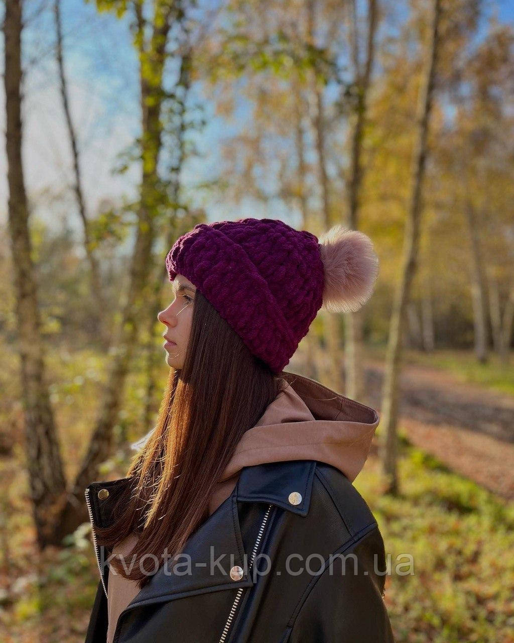 Тепла в'язана шапка з помпоном, фото 1