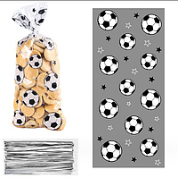 Пакеты подарочные с рисунком Футбольный мяч для сладостей фасовочные прозрачные с зажимами 10 шт 27х12.5 см