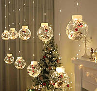 Гирлянда новогодняя для дома с шарами 3 м, 3х0.7м 200 Led 10 шаров с Дедом Морозом