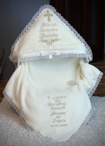 Крижмо Brilliant Baby Бантик іменне з іменами хрещених 95х95 см Айворі (BB136), фото 1