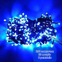 Гірлянда світлодіодна нитка Кристали 200 led 10м 200 лампочок СИНЯ на чорному дроті, 8 режимів синій