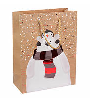 Новогодний пакет "Мишка и пингвин" 31*42*12 см., ламинированный картон, цвет крафт