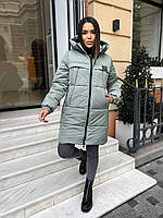 Тепле зимове жіноче пальто куртка з капюшоном оливкова 42-44 46-48 50-52 54-56