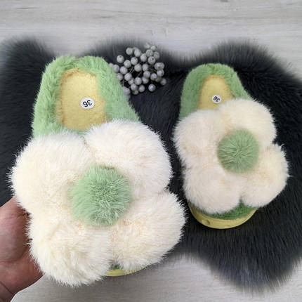 Тапочки жіночі хутряні з великою ромашкою м'ятні 4315, фото 1