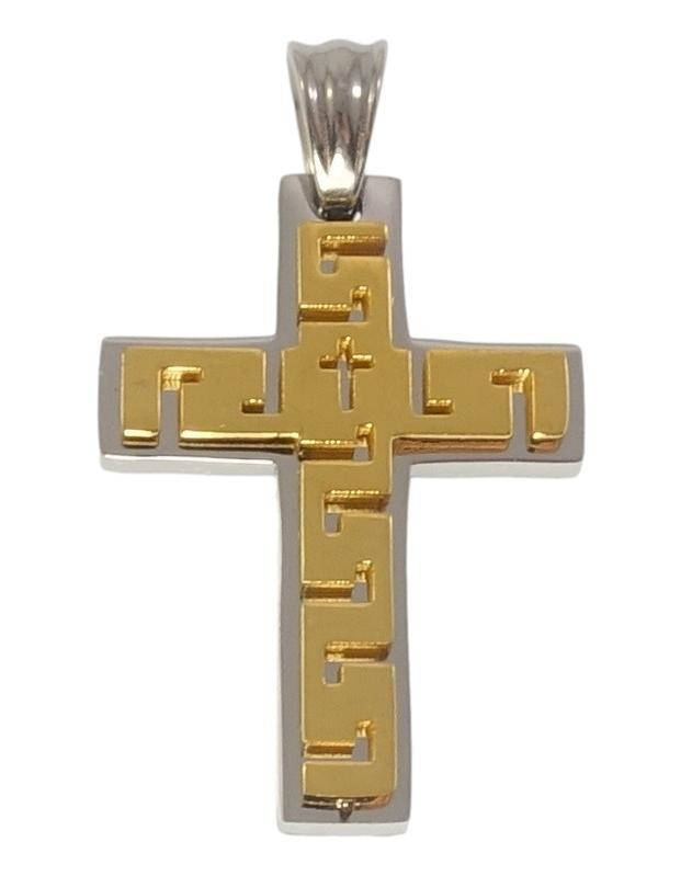 

Кулон Нержавейка "Декоративный Крест с золотой меандровой линией"