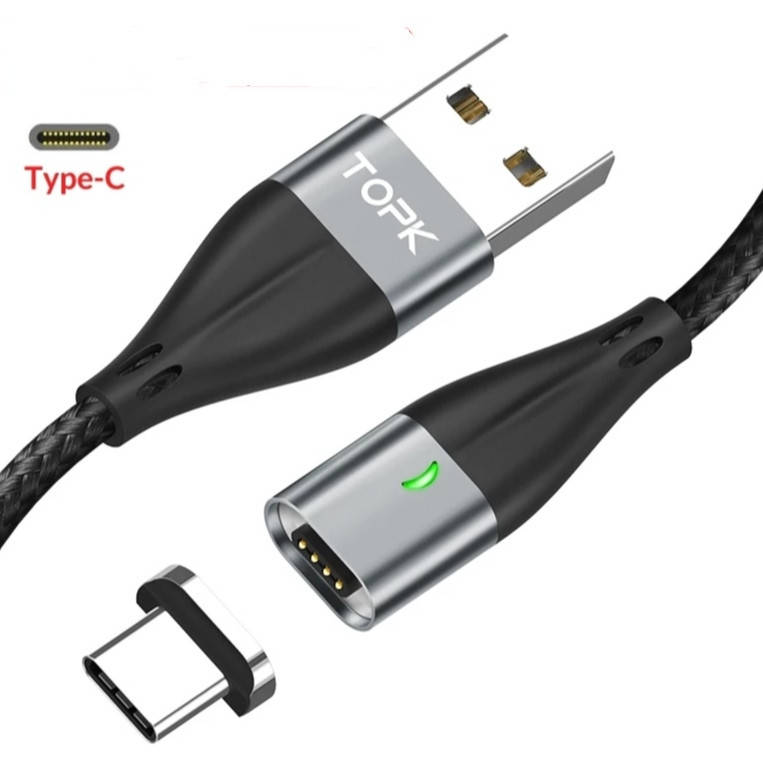 

Кабель для телефона с быстрой зарядкой и синхронизацией магнитный USB Topk с коннектором: Type-C., Черный