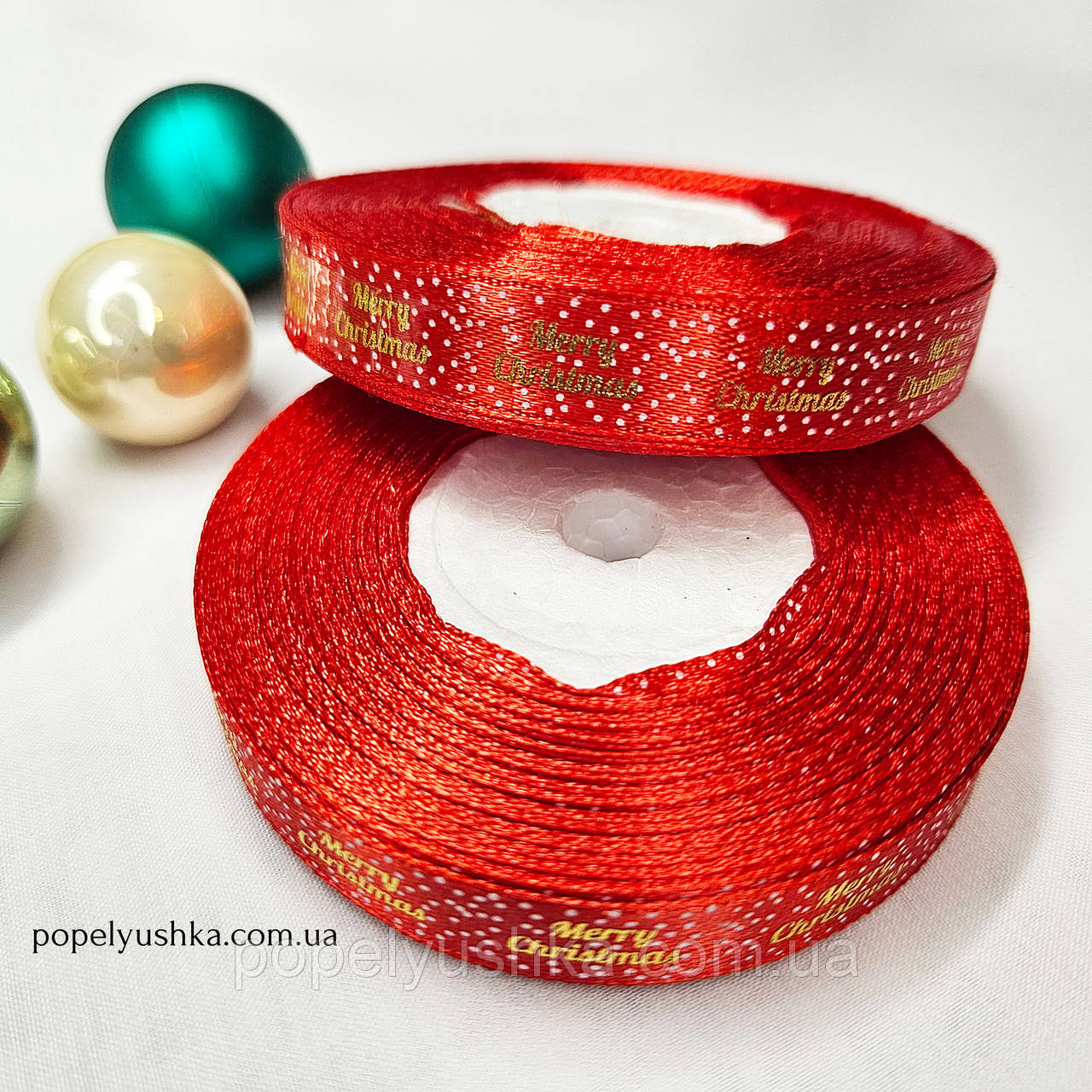 Стрічка атласна 1.2 см "Merry Christmas" червона зі снігом, фото 1