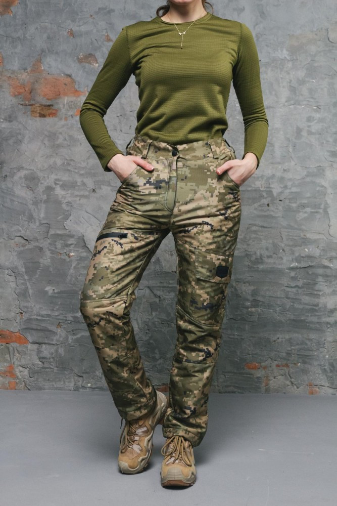 Тактичні зимові жіночі штани піксель. Військові теплі штани на мікрофлісі. Армійські зимові жіночі брюки.