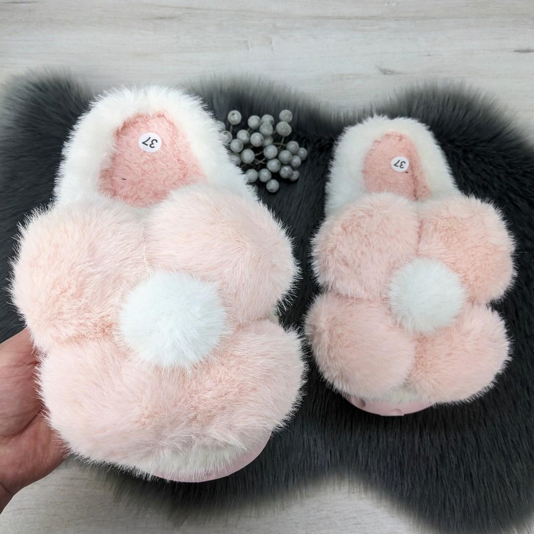 Тапочки жіночі хутряні з великою ромашкою білі з рожевим 4315, фото 1