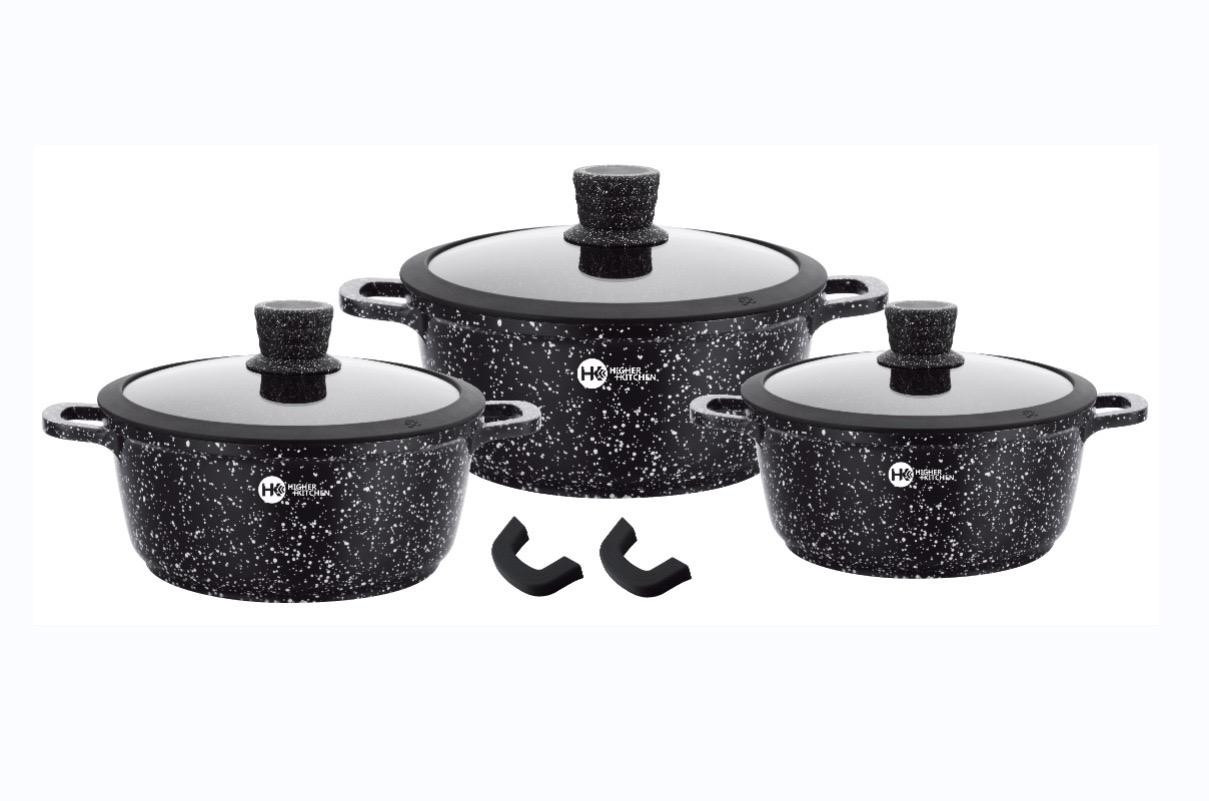 Набір посуду гранітне покриття із силіконовими кришками (8 предметів) Higher kitchen НК 325 Чорний Краща ціна