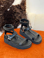 Черные женские кожаные сандали hermes на массивной платформе гермес сандалии брендовые босоножки эрме