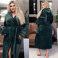 Женский домашний махровый зеленый халат длинный с поясом