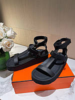 Женские черные кожаные сандалии Hermes на платформе эрмес Гермес кожа на плоской подошве эрмес босоножки