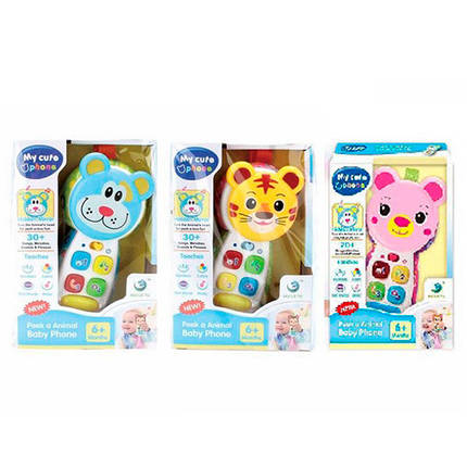 KMLT-3983-84-86 Телефон мобільний тварини,дзеркало,звук, світло, на батарейці, 3 різновиди, у коробці, фото 1