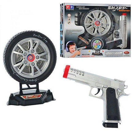 KM2148 Пістолет 20 см, мішень у формі колеса 16 см, музика, світло, на батарейках, коробка, 31-26-6 см, фото 1