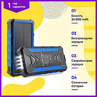 Повербанк на солнечной батарее 36000mah универсальный противоударный с фонариком Быстрая зарядка 3.0 BIO