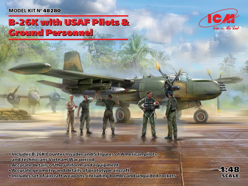 Пластикова модель 1/48 ICM 48280 американський бомбардувальник Б-26К з пілотами та техніками.