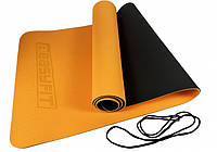 Коврик для фитнеса йоги TPE+TC 6мм оранжевый-черный спорта мат термопластичный Коврик фитнес