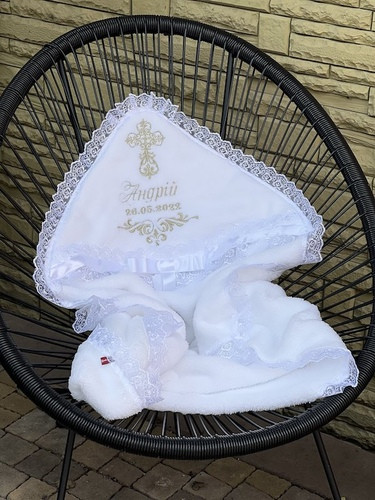 Крижмо Brilliant Baby з мереживом Бантик і хрестиком та датою 95х95 см Білий (BB110), фото 1