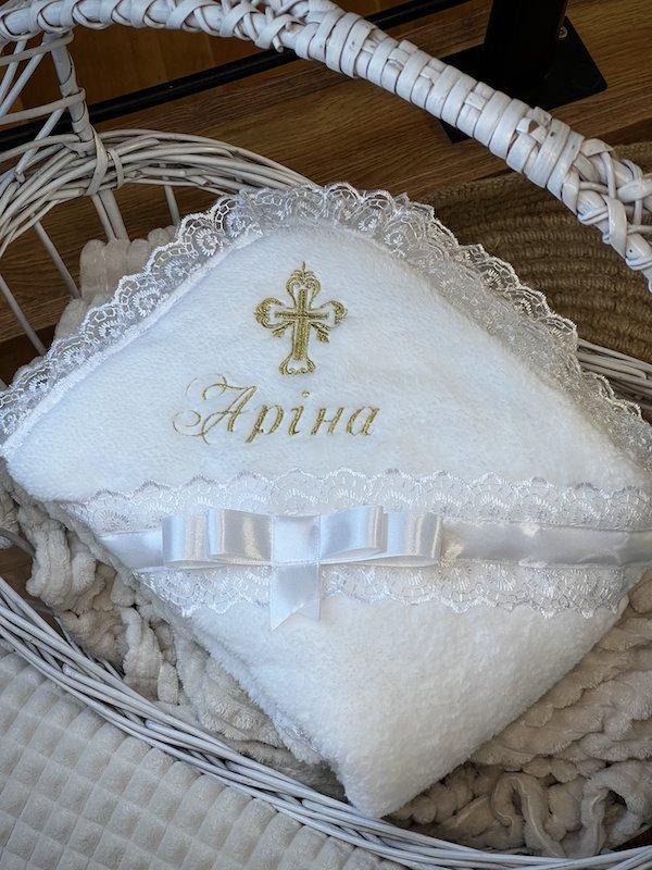 Крижмо Brilliant Baby з хрестиком та ім'я прописом 95х95 см Білий (BB113), фото 1