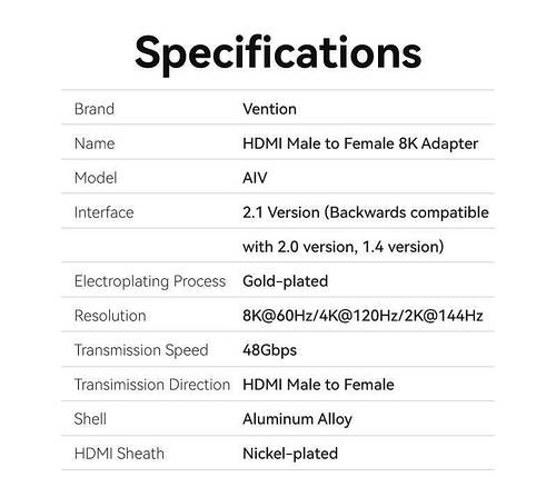 Адаптер HDMI-HDMI 2.1 Vention F/M Aluminum Alloy 8K 60Hz 4K 120Hz 2K 144Hz 48Gbps gold-plated Blue (AIVHO), фото 3