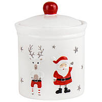 Сахарница керамическая с крышкой из серии новогодней посуды "Санта с оленем" 14 см