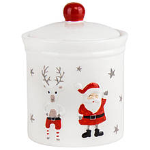 Цукорниця керамічна з кришкою із серії новорічного посуду "Санта з оленем" 14 см