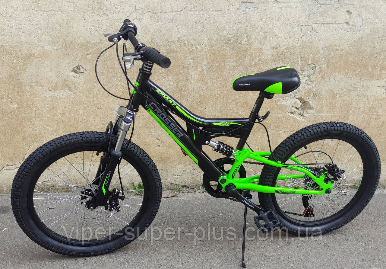 ✅ Велосипед Двопідвісний Гірський Crosser Smart GD 20 дюймів Чорно-Салатовий, в розібраному вигляді на 20 %, без щитків