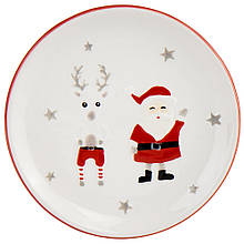 Керамічна кругла блюдо "Санта з оленем" для сервірування новорічного столу 21 см