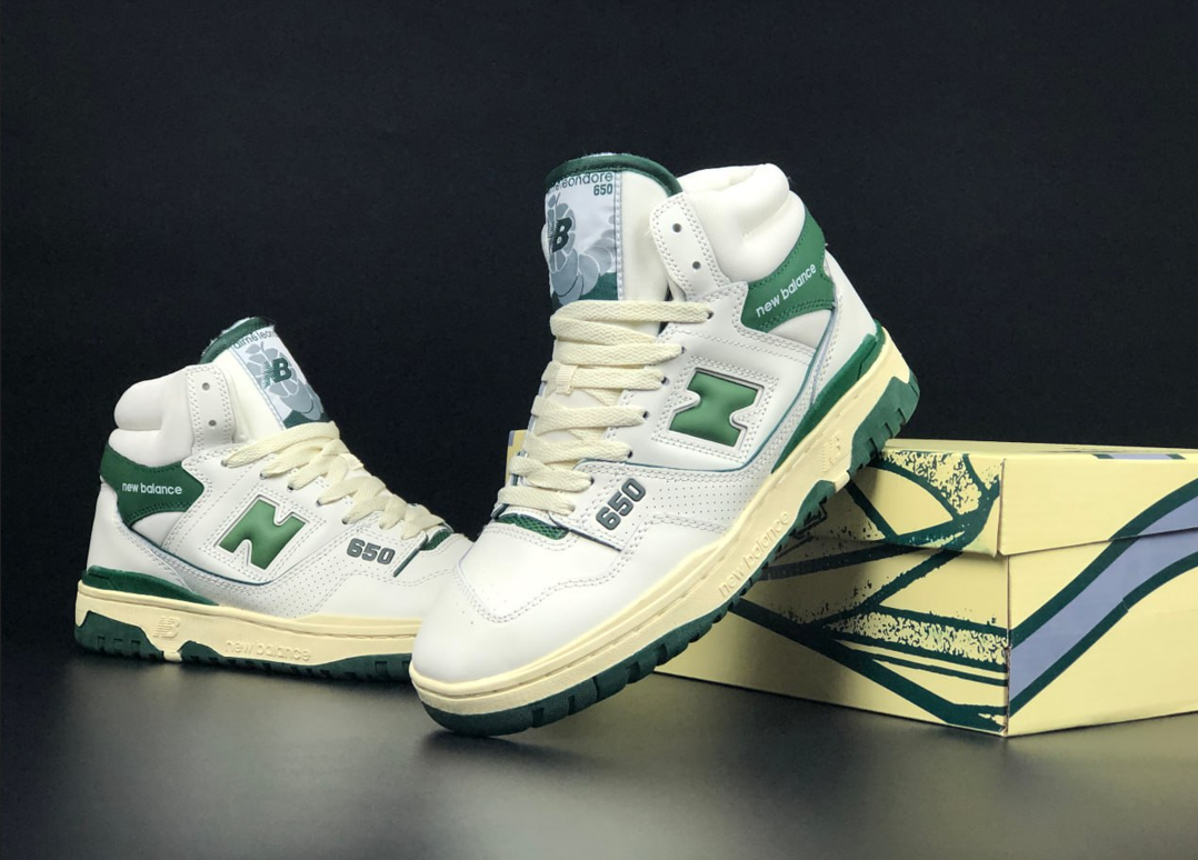 Зимові чоловічі кросівки New Balance 650 White Green High Нью Баланс з хутром високі білі зеленим шкіряні