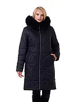 Женское зимнее длинное пальто-пуховик больших размеров с натуральным писцом 46, Черный