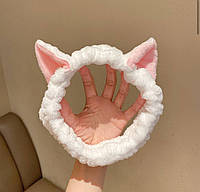 Косметическая повязка с ушками на голову для макияжа Кошка белая для умывания