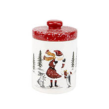 Керамічна банка для зберігання сипучих продуктів із серії новорічного посуду "Дід Мороз у лісі" 16 см