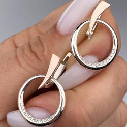 Срібні сережки-підвіски з золотими накладками з фіанітами (довжина 2,8 см, діаметр 2 см) РН-523