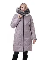 Женское зимнее длинное пальто-пуховик больших размеров с натуральной чернобуркой 46, Серый