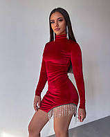 Женское бархатное,вечернее,романтическое короткое мини платье-гольф с длинным рукавом и бахромой из страз 46/48, Красный, L-Xl
