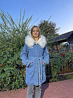Зимова жіноча джинсова куртка парка з поясом