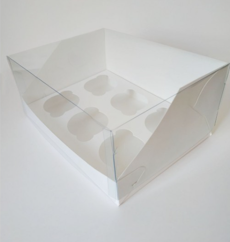 Коробка "Акваріум" на 6 капкейків біла, 240*180*105 з  прозорою кришкою