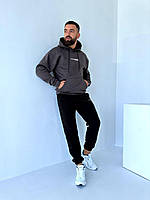 Мужской теплый стильный спортивный костюм кофта кенгуру и штаны трехнить на флисе осень-зима Графит, ХЛ