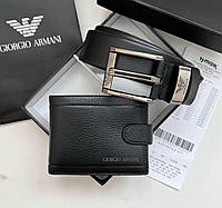 Набор из натуральной кожи черный мужской кошелек портмоне и кожаный ремень Giorgio Armani