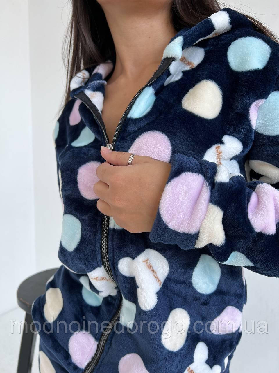 Женская махровая пижама в горошек,с повязкой для волос.Домашний,теплый,брючной комплект 3ка с кофтой на молнии Синий, 46/48 - фото 2 - id-p2017988488