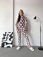 Женская махровая пижама в горошек,с повязкой для волос.Домашний,теплый,брючной комплект 3ка с кофтой на молнии Мокко, 42/44