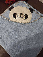 Детское полотенце махровое, плед с капюшоном 90 * 90см. голубой панда.