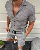 Мужской серый в клетку летний комплект , шорты + рубашка с коротким рукавом, Турция
